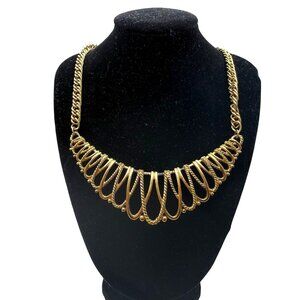 Gold Tone Wire Fringe Bib Necklace Chunky Statement Vintage Style